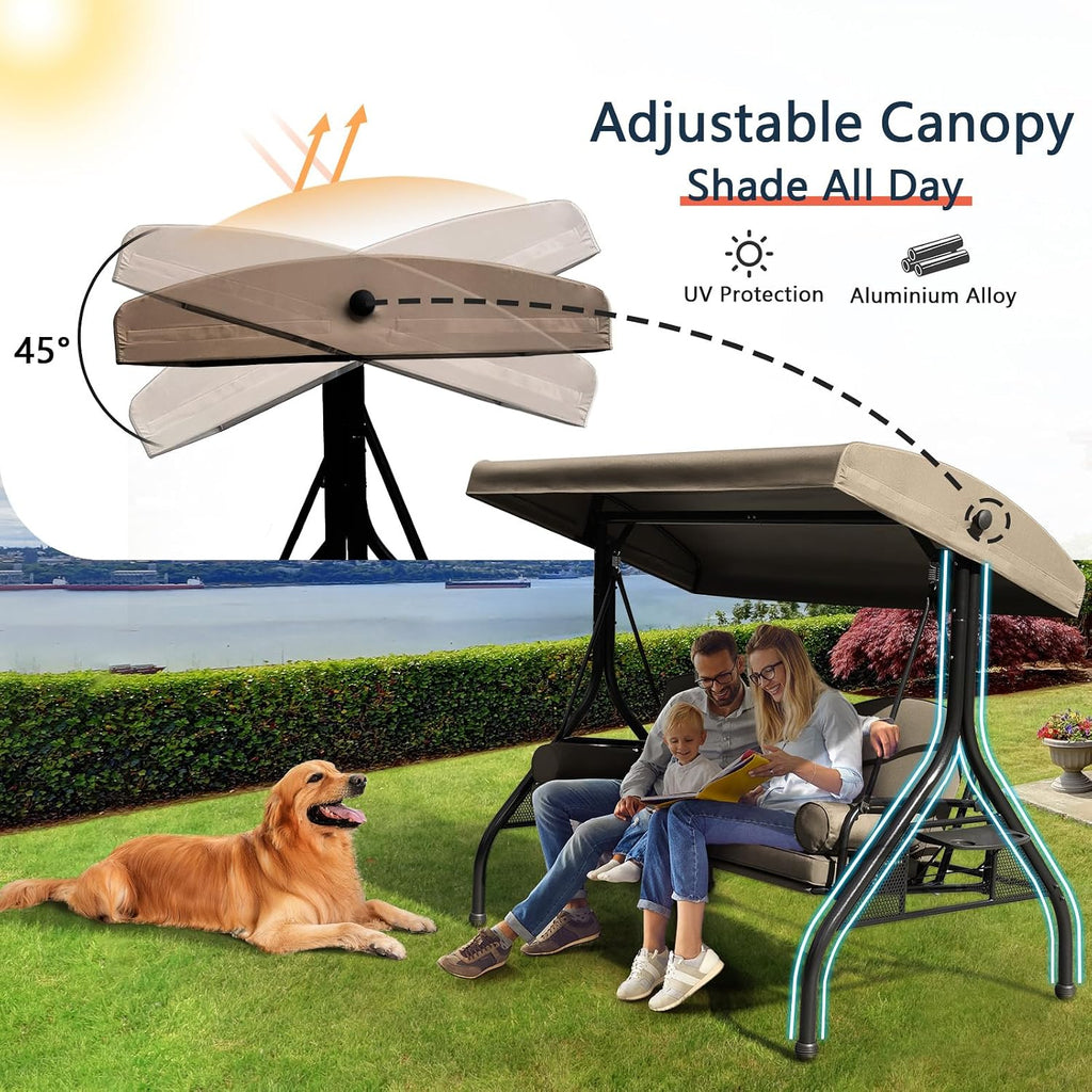 NOBLEMOOD Patio Porch Swing, 3-Seat Outdoor Swing with Adjustable Canopy, Waterproof Fabric Cushion, Pillow and Foldable Side Tray for Patio, Backyard, Porch Swing Bed for Spring