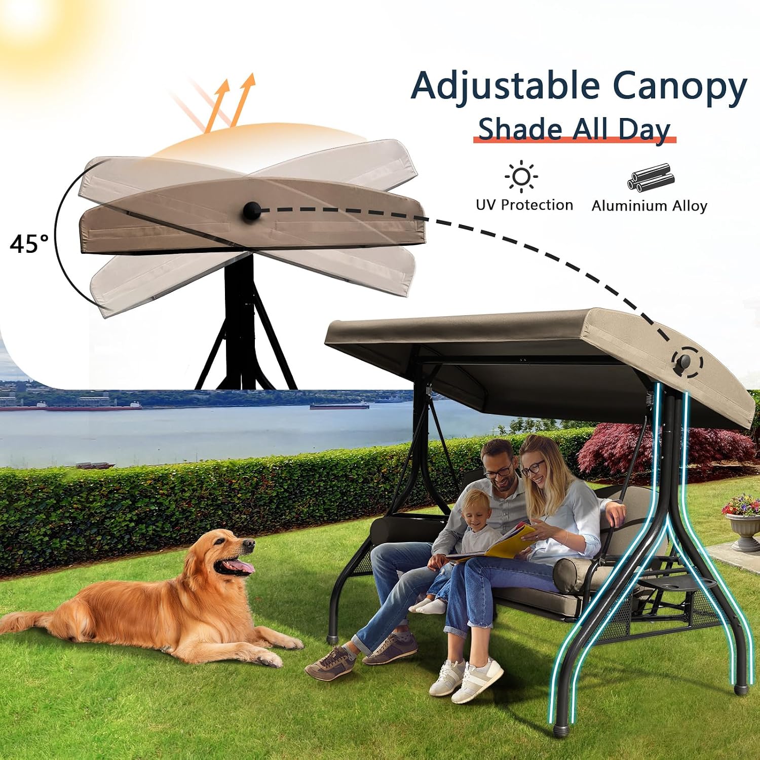 NOBLEMOOD Patio Porch Swing, 3-Seat Outdoor Swing with Adjustable Canopy, Waterproof Fabric Cushion, Pillow and Foldable Side Tray for Patio, Backyard, Porch Swing Bed for Spring