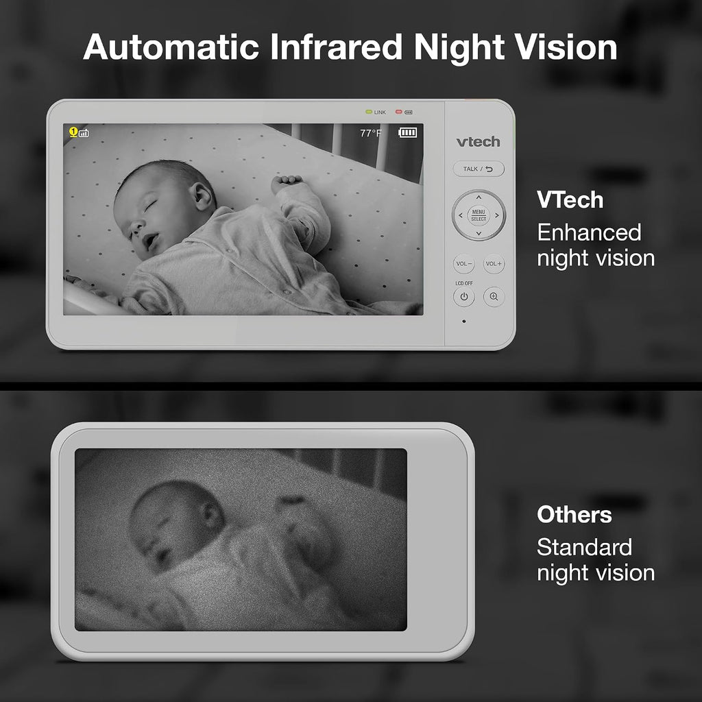 VTech Advanced HQ Max Twin 7' Digital Video 2-Cameras Baby Monitor with Pan Tilt Zoom, Long Battery Life 5000mAh, IPS Screen, Adaptive Multi-Color Night Light, 2-Way Talk, HQ Display, No WiFi, White