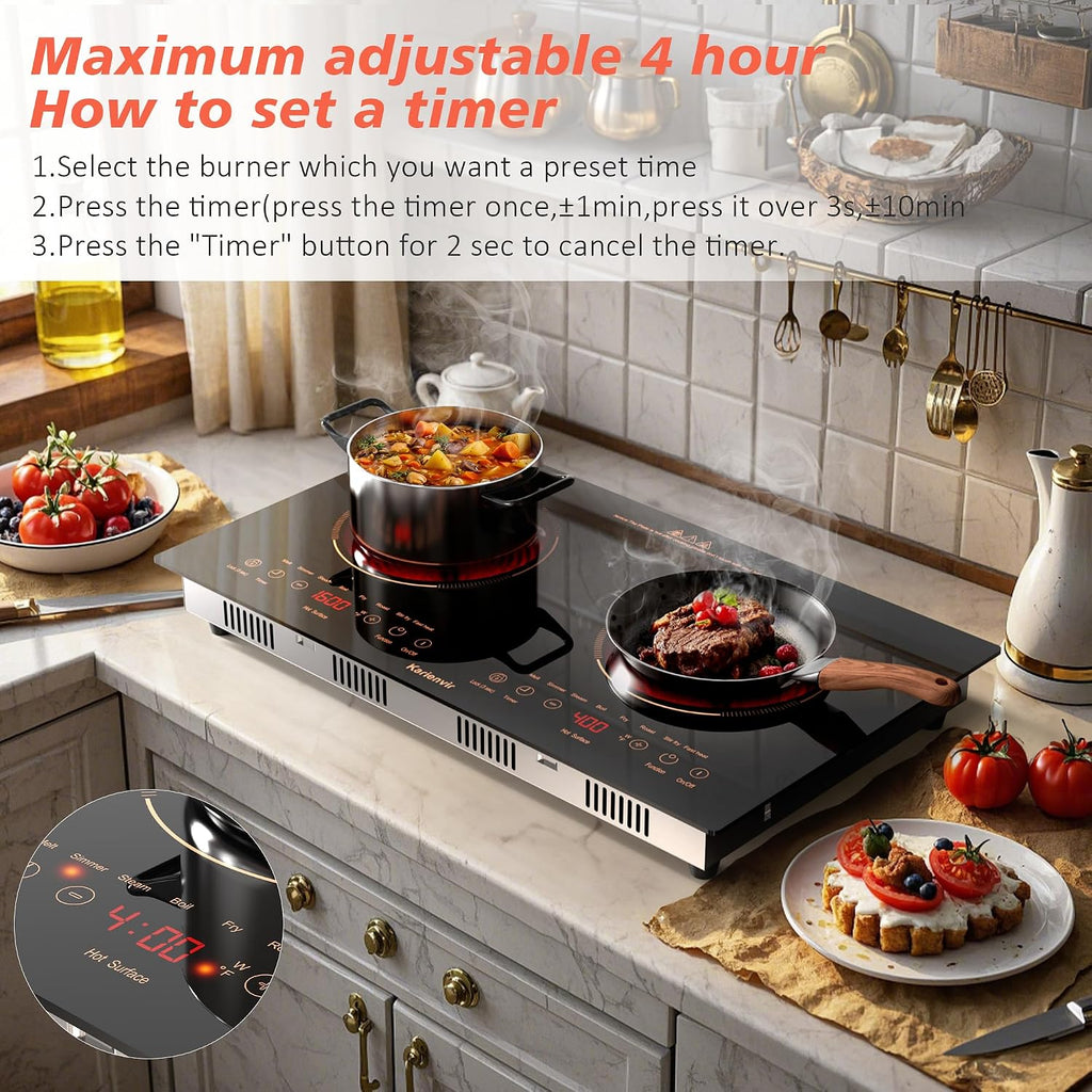 2 Burner Electric Cooktop 110v, 24 Inch Electric Stove Countertop & Built-in, Plug-in Electrics Cooktop, 8 Power Levels & 8 Functions, Touch Control, Safety Lock, Timer, 2000W, Orange