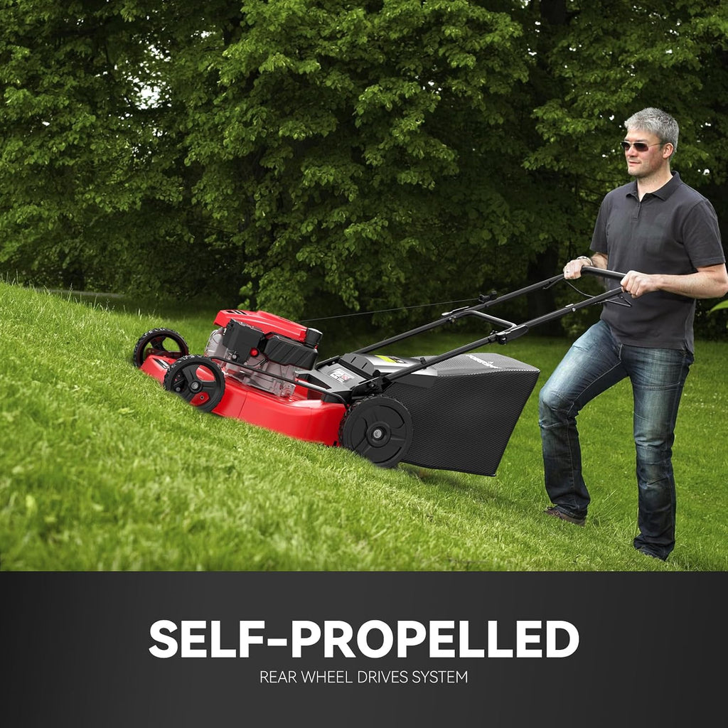 PowerSmart Self Propelled Gas Lawn Mower, 22 in. 170cc OHV Engine 2-in-1 Rear Wheel Drive, High Wheels, 6-Position Height Adjustment