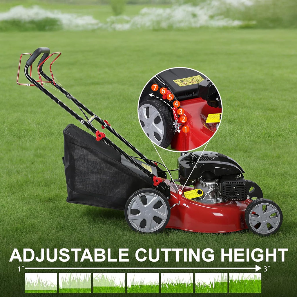 Lawn Mower Gas Powered, Gas Mower with 50l Grass Bag Big Wheels, 141cc 3-in-1 Cordless Gas Engine Mowers with 20' Blade, Self Propelled Walk-Behind Push Mower for Hills 2850RPM (Upgraded 01)