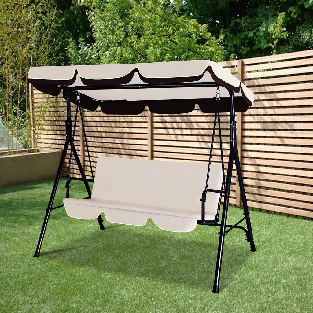 GARTOO 3-Seat Patio Swing Chair, Outdoor Porch Swing with Adjustable Canopy and Durable Steel Frame for Patio, Garden, Poolside (Beige)