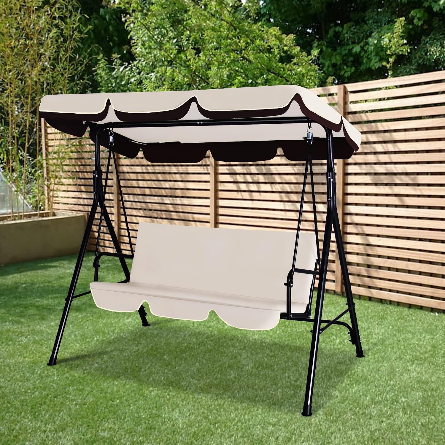 GARTOO 3-Seat Patio Swing Chair, Outdoor Porch Swing with Adjustable Canopy and Durable Steel Frame for Patio, Garden, Poolside (Beige)