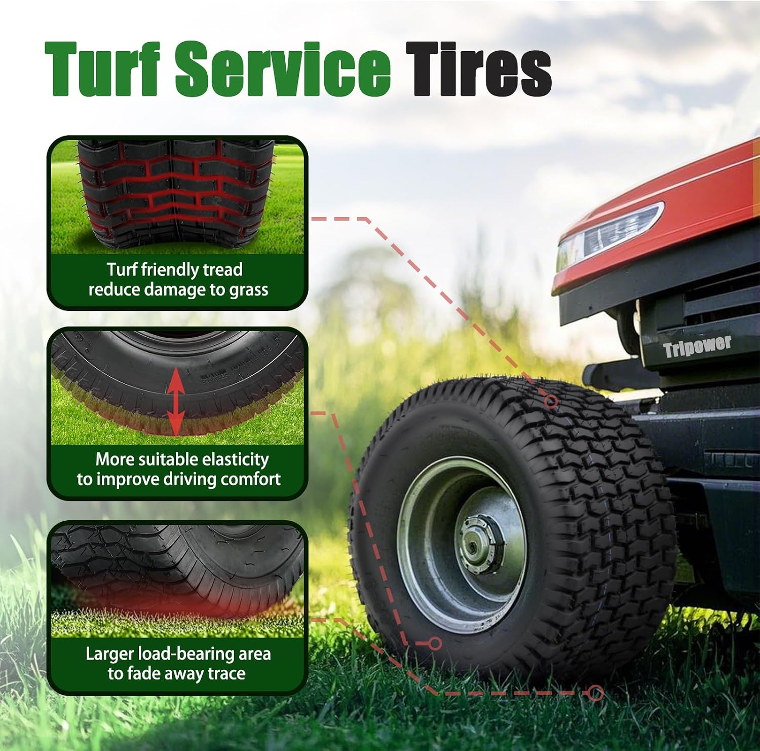 TRIPOWER 22x9.50-12 Lawn Mower Tires - 22x9.5x12 Turf Tire for Riding Mower and Lawn Garden Tractor, Durable, 4PR Tubeless, 1290 lbs Capacity, Set of 2