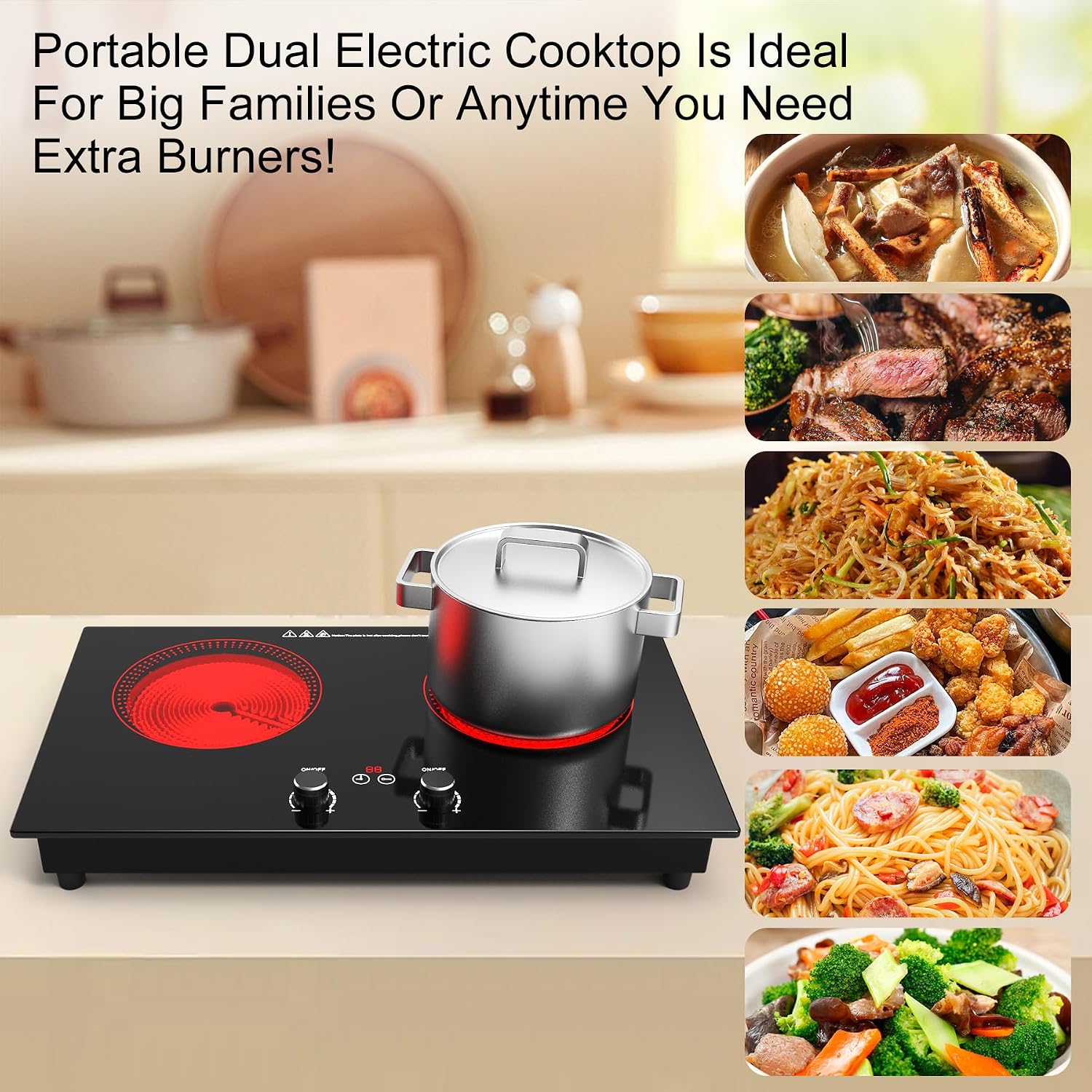 2 Burner Ceramic Cooktop, 2400W 110V Built-in or Countertop Electric Cooktop with Touch Screen & Knob Control, 10 Heat Settings, Child Lock, Timer, Overheat Protection.