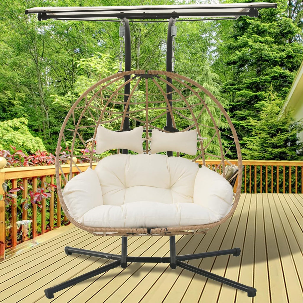 2 Person Hanging Egg Chair with Canopy, Outdoor Rattan Swing Hammock Basket Chair with Soft Cushion, Wicker Egg Chair for Outdoor Patio, Balcony, Garden (White)
