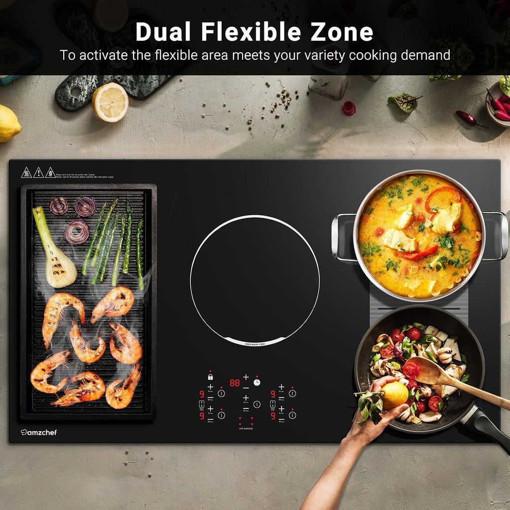 36 Inch Induction Cooktop, AMZCHEF Built-in Electric Stove Top with 5 Boost Burners Bridge Function, 240V/10800W, ETL Certified, 9 Power Level, Keep Warm, Timer, Safety Lock
