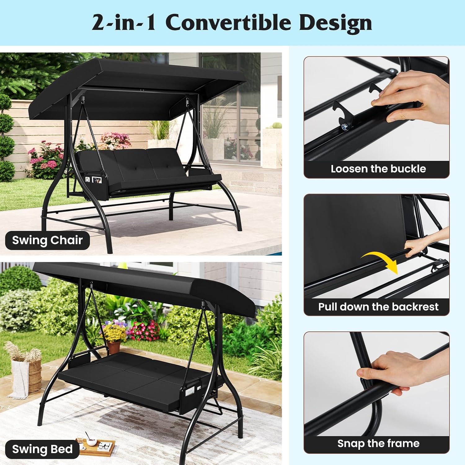 Tangkula 3 Person Porch Swing, 2-in-1 Convertible Outdoor Swing with Adjustable Canopy, Removable Cushions, Metal Frame, Side Pockets for Backyard, Garden, Porch (Black)