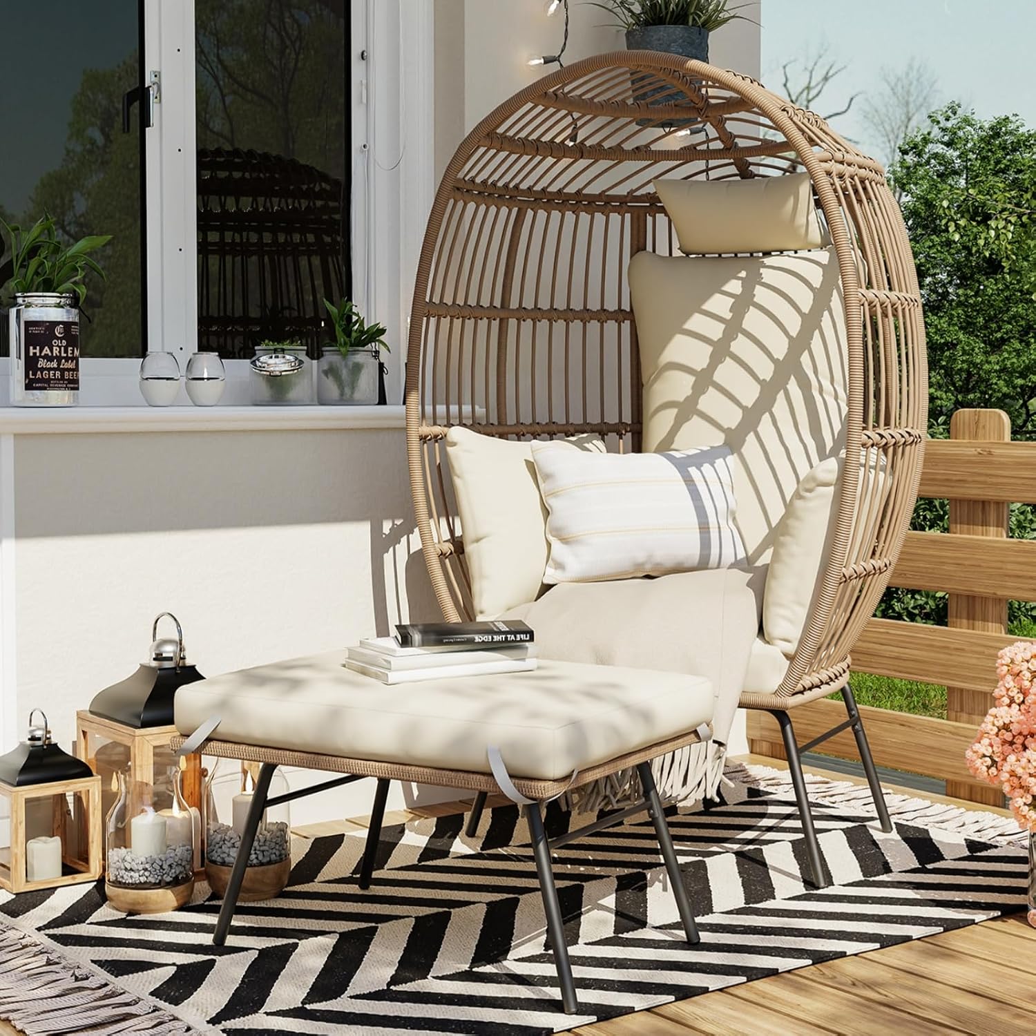 GAOMON Oversize Wicker Egg Chair with 4 Comfy Cushions, Big Egg Shaped Lounger with Ottoman, Rattan Reading Chairs for Indoor Outdoor Patio Porch Backyard, Beige