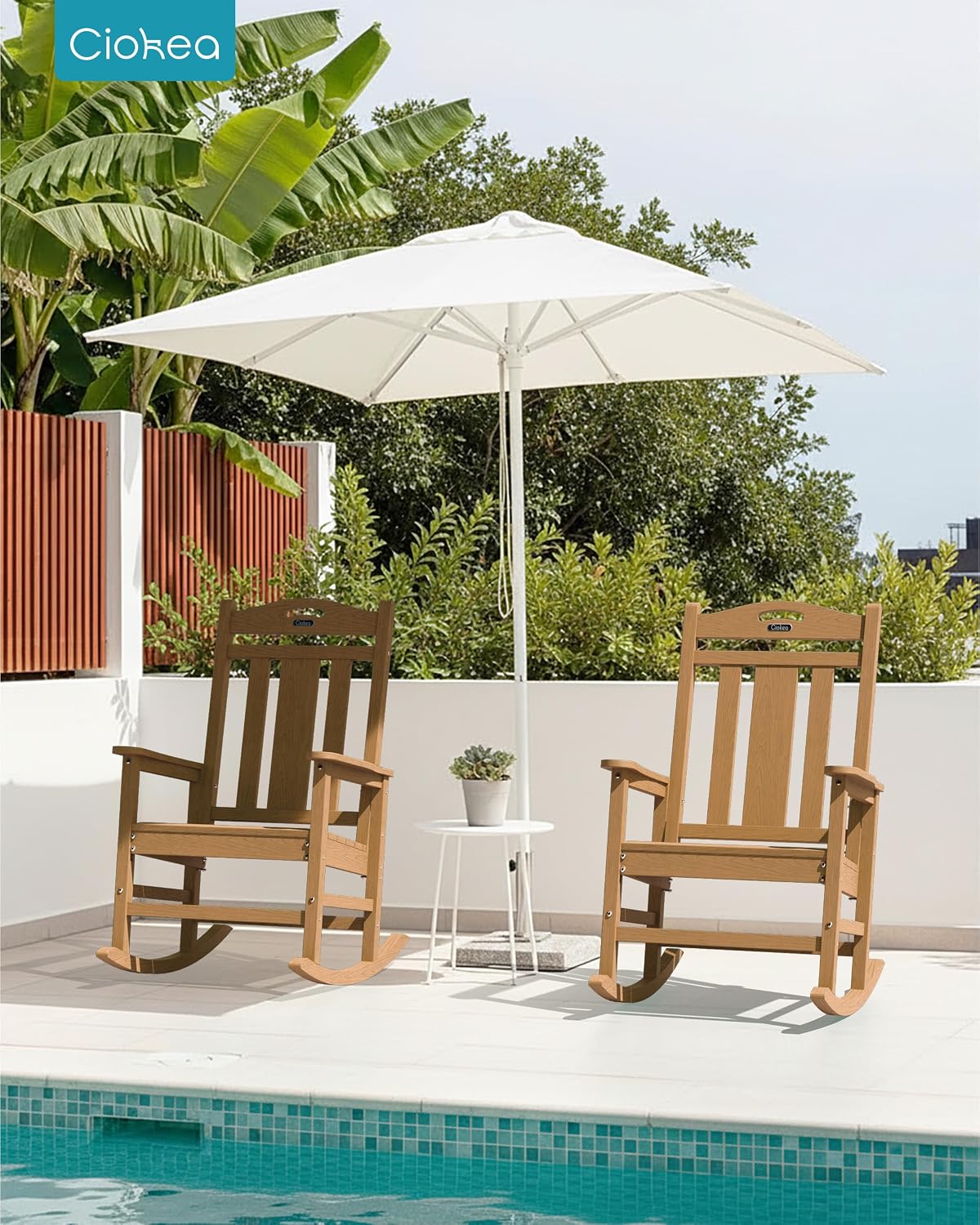 Ciokea Oversized Outdoor Rocking Chairs Set of 2, 380lbs Heavy-Duty Large Patio Rocker, High Back Cozy Porch Chairs, Weather Resistant Patio Rocking Chairs for Outside, Fire Pit, Deck, Teak
