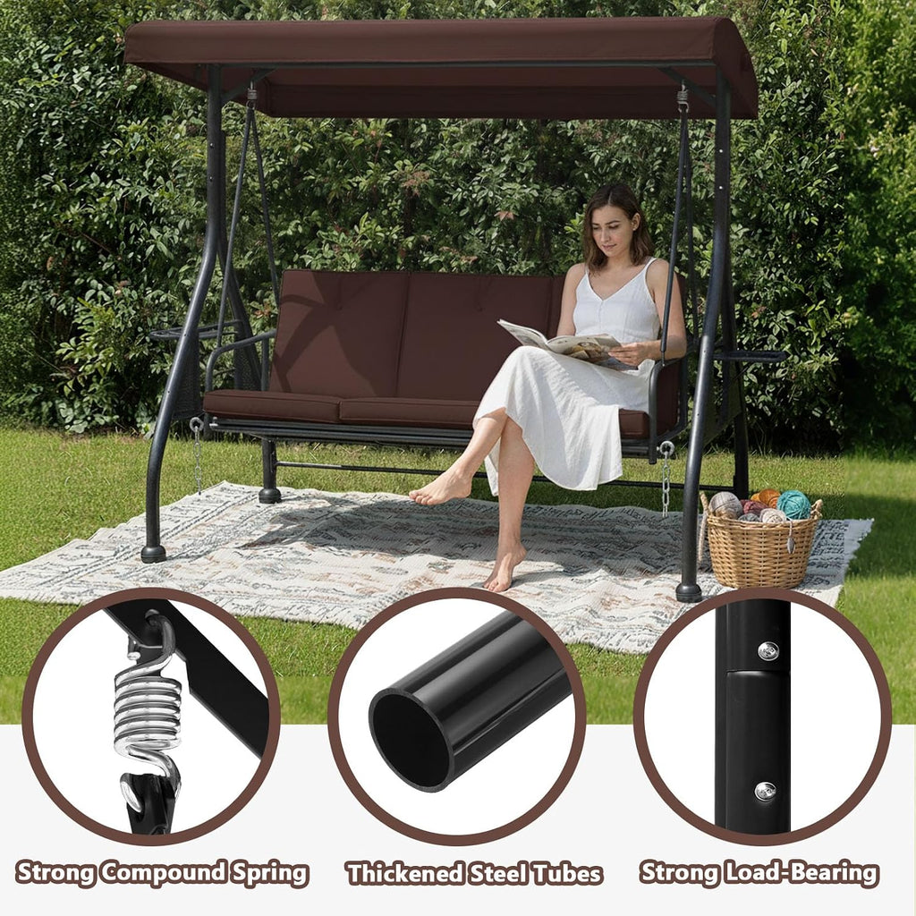 3-Seat Outdoor Porch Swing Glider with Adjustable Canopy, Convertible Patio Swings Bed with Upgraded Folding Cup Holders & Thicker Cushion for Backyard, Garden, Poolside - Brown