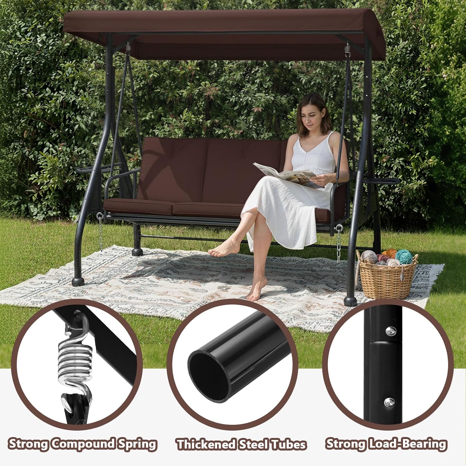 3-Seat Outdoor Porch Swing Glider with Adjustable Canopy, Convertible Patio Swings Bed with Upgraded Folding Cup Holders & Thicker Cushion for Backyard, Garden, Poolside - Brown