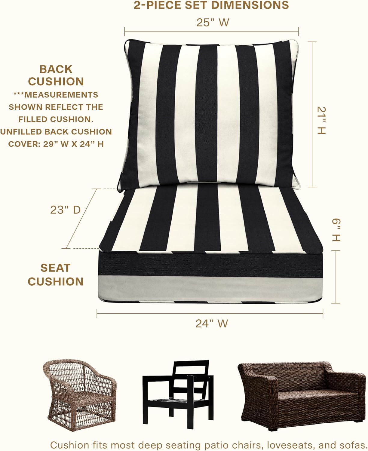Honeycomb Outdoor Heritage Deep Seat, 24 x 23, Cabana Stripe Black and Ivory Chair Cushion with Removable Cover, for Patio Furniture