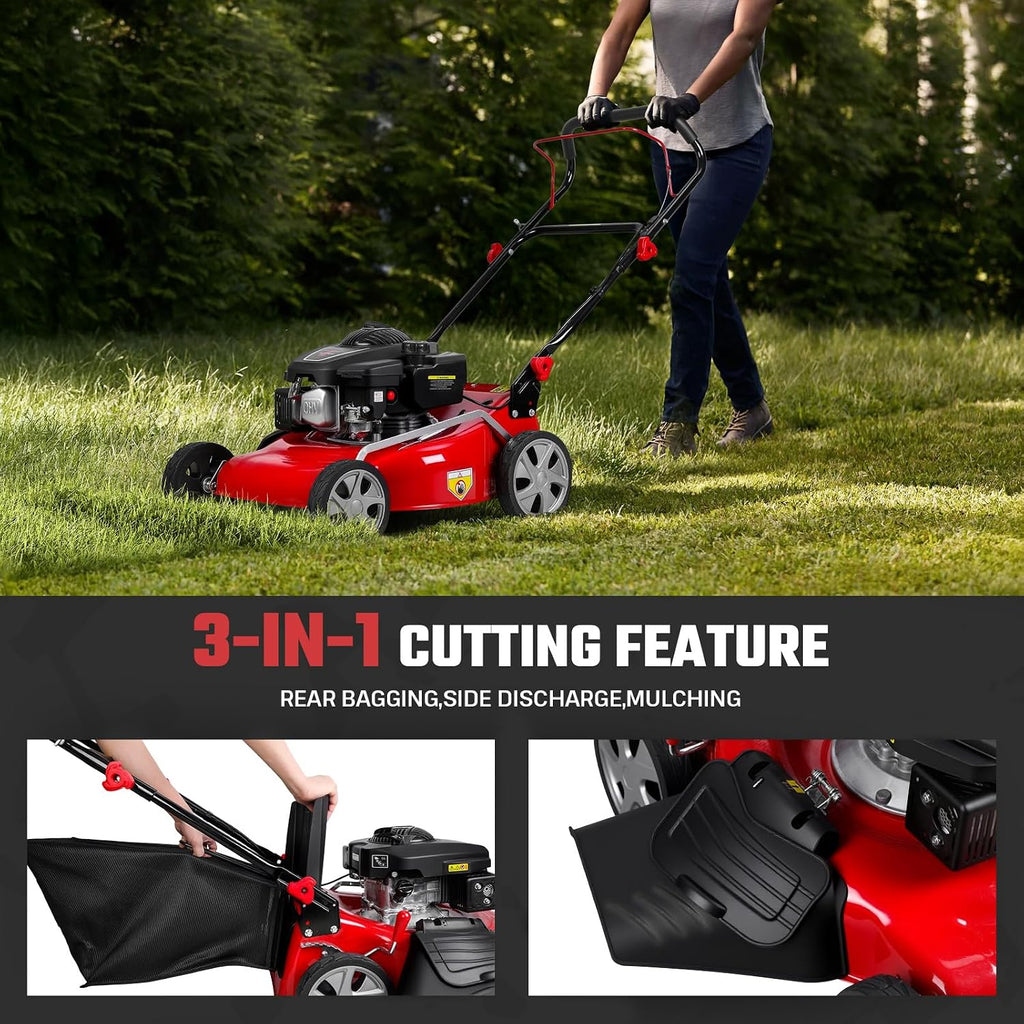 131cc Self Propelled Lawn Mower, 3-in-1 Gas Powered Push Mower with 50L Grass Bag, 20-inch Cutting Deck, Big Wheels for Yard Lawn Care, Mulching, Bagging & Side Discharge