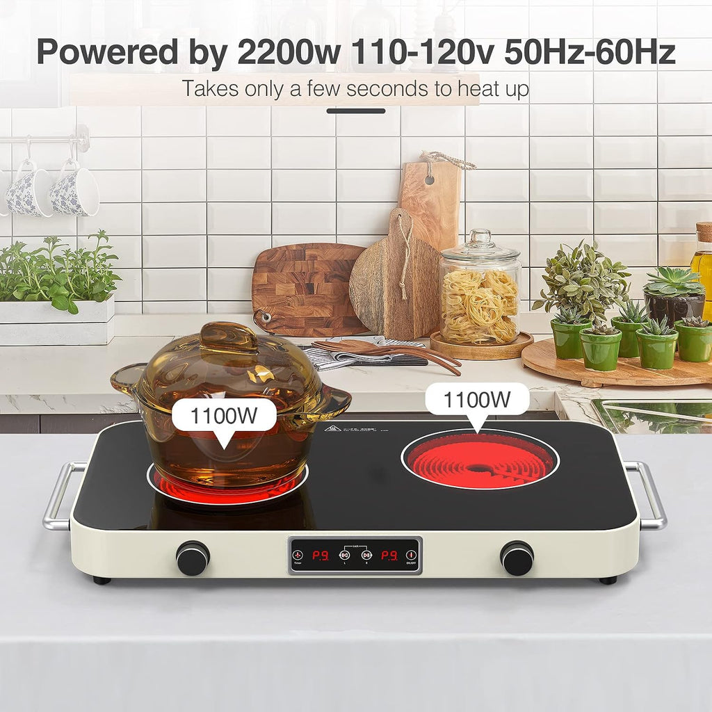 ANHANE 2200W Double Electric Cooktop: 12 Inch Portable Ceramic Infrared Hot Plate with 9 Power Levels & Timer - 110V/120V Countertop Burner with Reliable Knob Control, Works with All Cookware