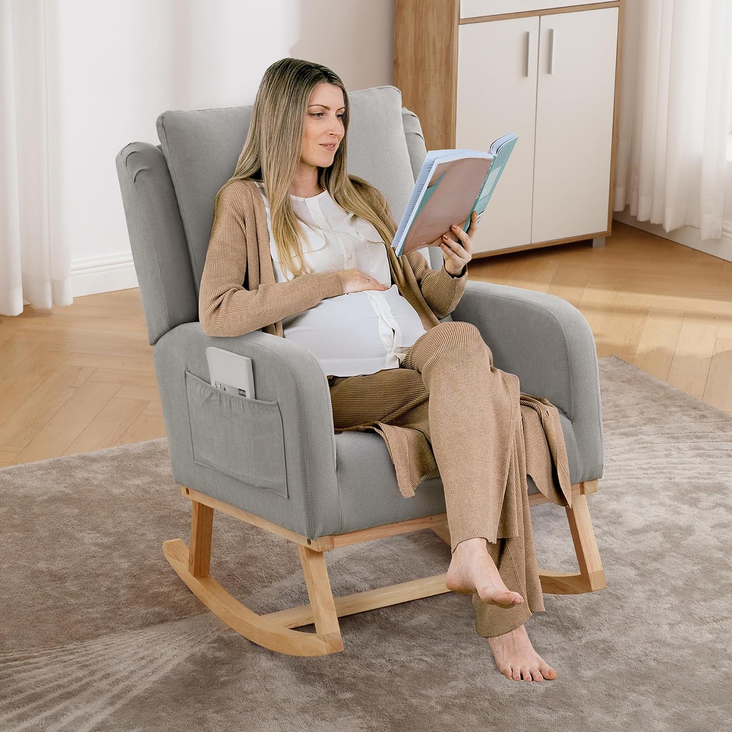 HCHAIRH Rocking Chair Nursery, Upholstered Fabric Nursing Rocking Chairs with Lumbar Pillow, Modern Nursery Glider Rocker Morden Accent Rocking Chair for Mom Nursery, Living Room, Bedroom, Grey