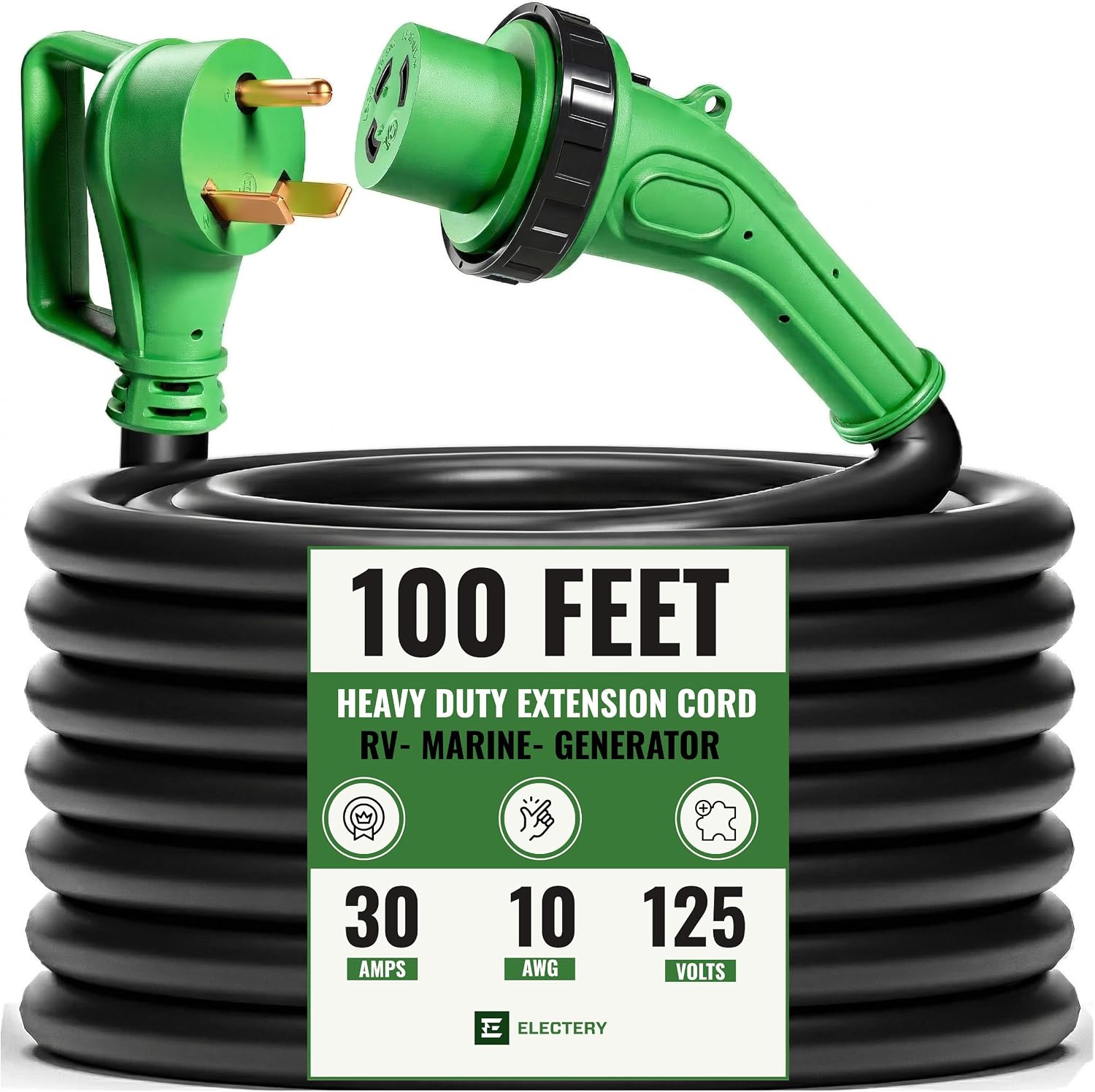 30 Amp Generator Extension Cord 100 FT, TT-30P to L5-30R Twist Lock, LED Power Indicator & Reverse Polarity Light, 10 AWG Heavy Duty RV Shore Power Cord, 90° Grip Handle, for Generator, Camper, Marine
