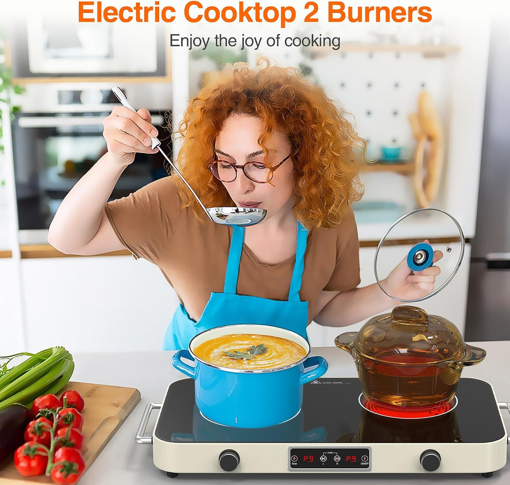 GIHETKUT Electric Cooktop, 2200W 110V Electric burner, Electric Stove Top with 2 Handle, 2 Burner Electric Cooktop with 9 Power Settings,Knob Control Child Safety Lock & Timer.