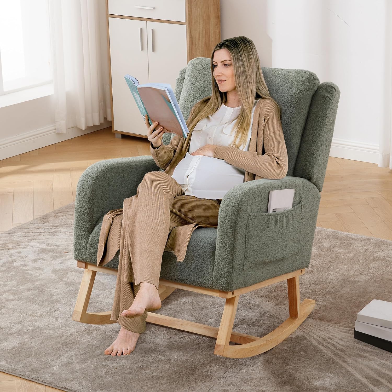 HCHAIRH Rocking Chair Nursery, Teddy Nursing Rocking Chairs, Upholstered Nursery Glider Rocker for Mom Nursery Morden Accent Rocking Chair with Lumbar Pillow for Living Room,Bedroom, Green