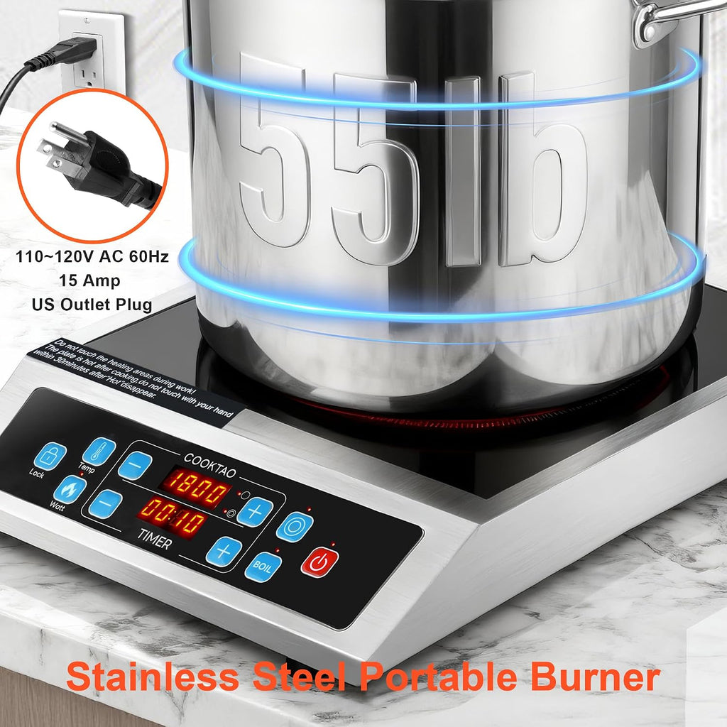 Dual Coils Design of Stainless Steel Single Burner Electric Cooktop, 1800W Commercial Ceramic Infrared Cooking Hot Plate, Portable Countertop Radiant Stove Top Cooker with WATT and TEMP Control