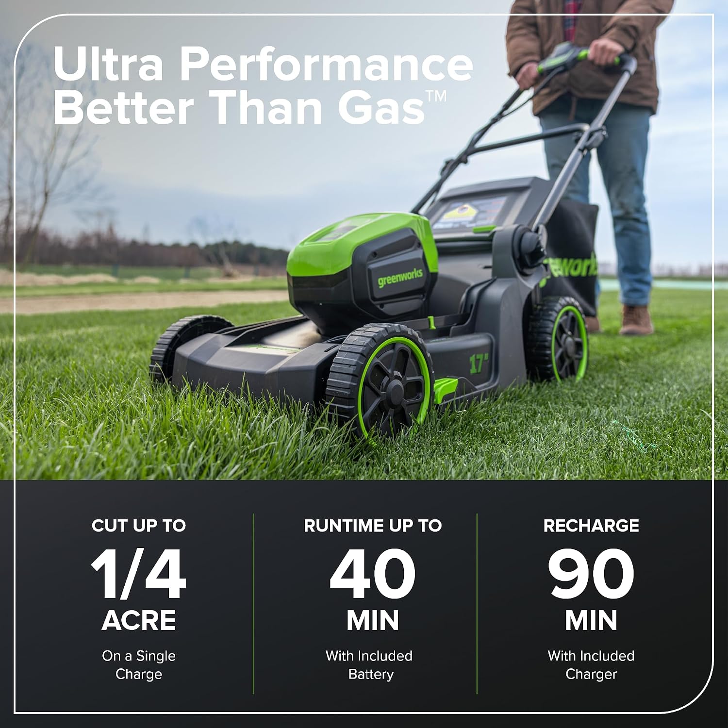 Greenworks 60V 17' Brushless Cordless Push Lawn Mower, 2-in-1 Mulching/Bagging, 4.0Ah Battery and 3A Charger(40min Runtime)