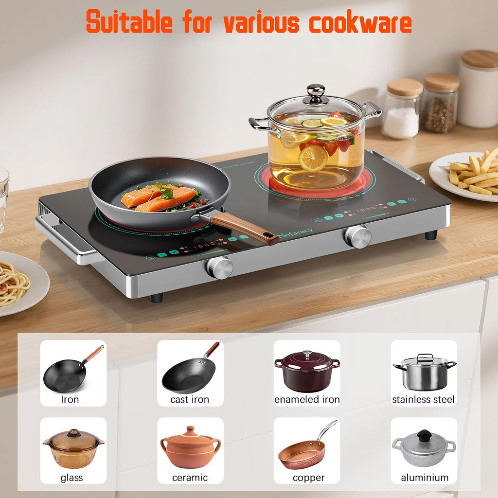 2 Burner Electric Cooktop 24 Inch, 110V 2000W Portable Electrics Stove Top with Handle, 9 Power Settings, Senor Touch & Knob Control, Safety Lock, Timer, 110-120V Plug in (2 Burner Green)