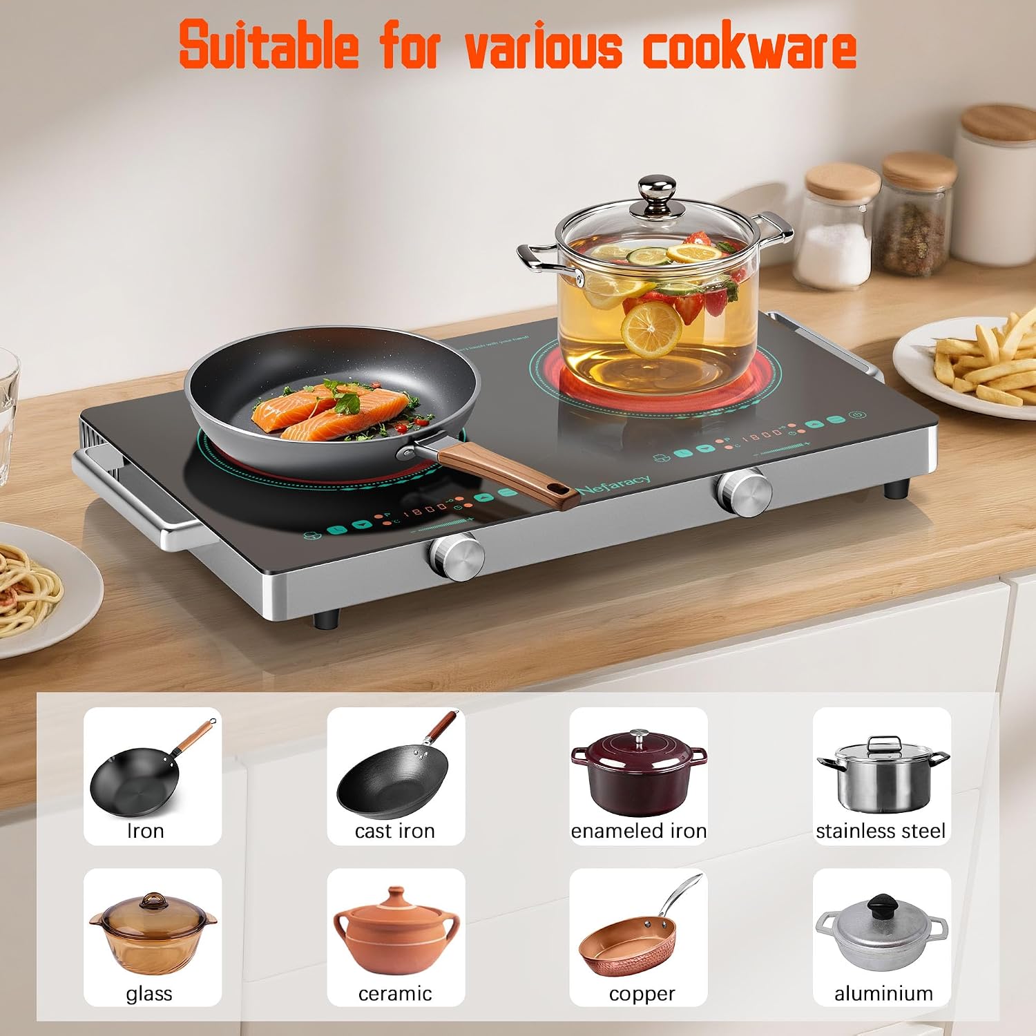 2 Burner Electric Cooktop 24 Inch, 110V 2000W Portable Electrics Stove Top with Handle, 9 Power Settings, Senor Touch & Knob Control, Safety Lock, Timer, 110-120V Plug in (2 Burner Green)