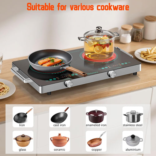 2 Burner Electric Cooktop 24 Inch, 110V 2000W Portable Electrics Stove Top with Handle, 9 Power Settings, Senor Touch & Knob Control, Safety Lock, Timer, 110-120V Plug in (2 Burner Green)