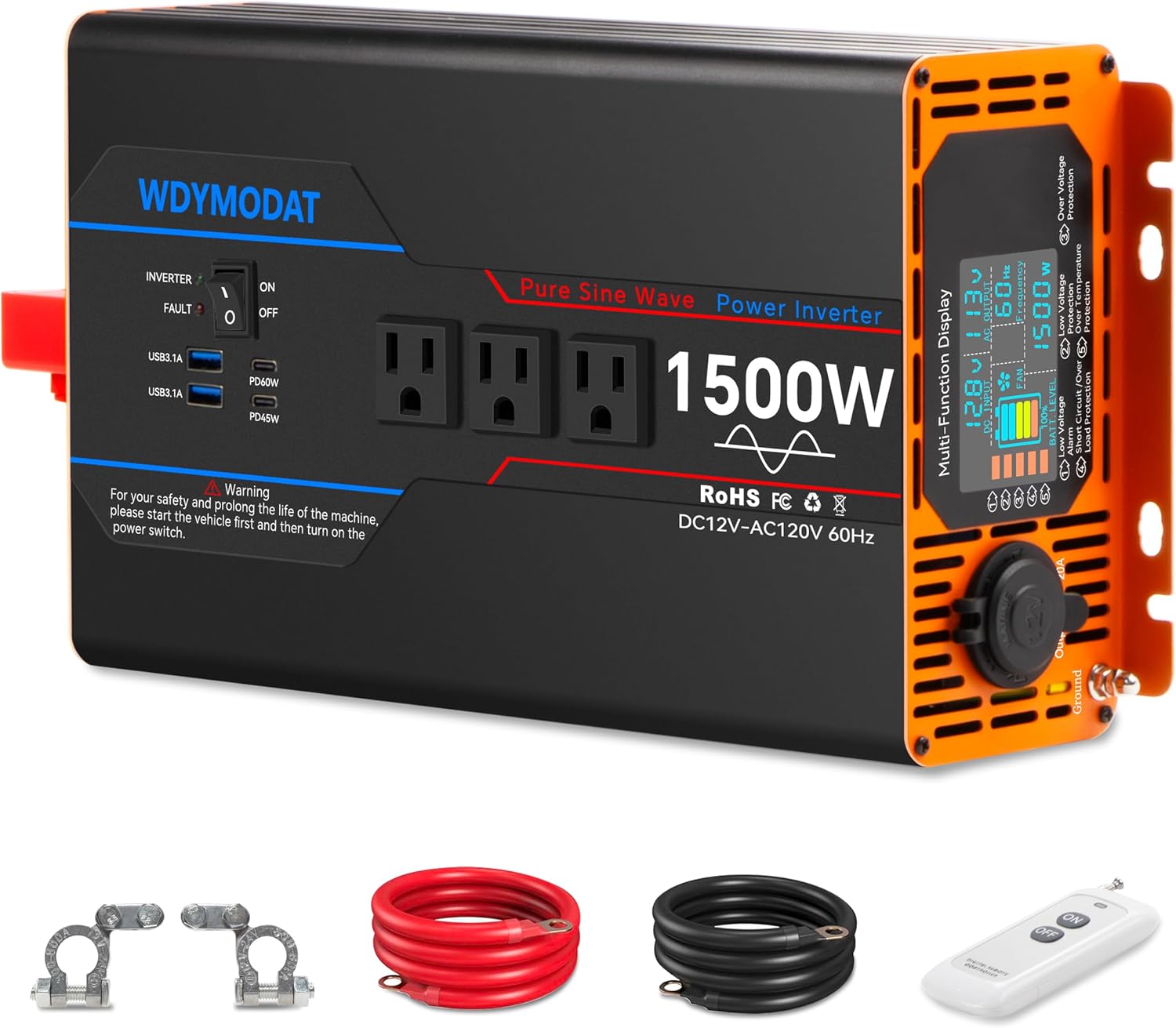 1500W Pure Sine Wave Inverter, Car Power Inverter 12V to 110V 120V, DC to AC Converter Generator with AC Outlets 3.0A USB Type-C, Remote Controller LCD Display Truck Inversor for Vehicles, RV