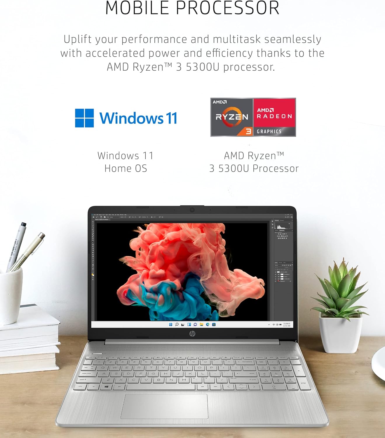 HP 15 Laptop, AMD Ryzen 3-5300U Processor, 8 GB RAM, 256 GB SSD Storage, 15.6-inch HD Micro-Edge Display, Windows 11 Home, Long-Lasting Battery, Fast Charge, 720p Webcam (15-ef2024nr), Natural Silver