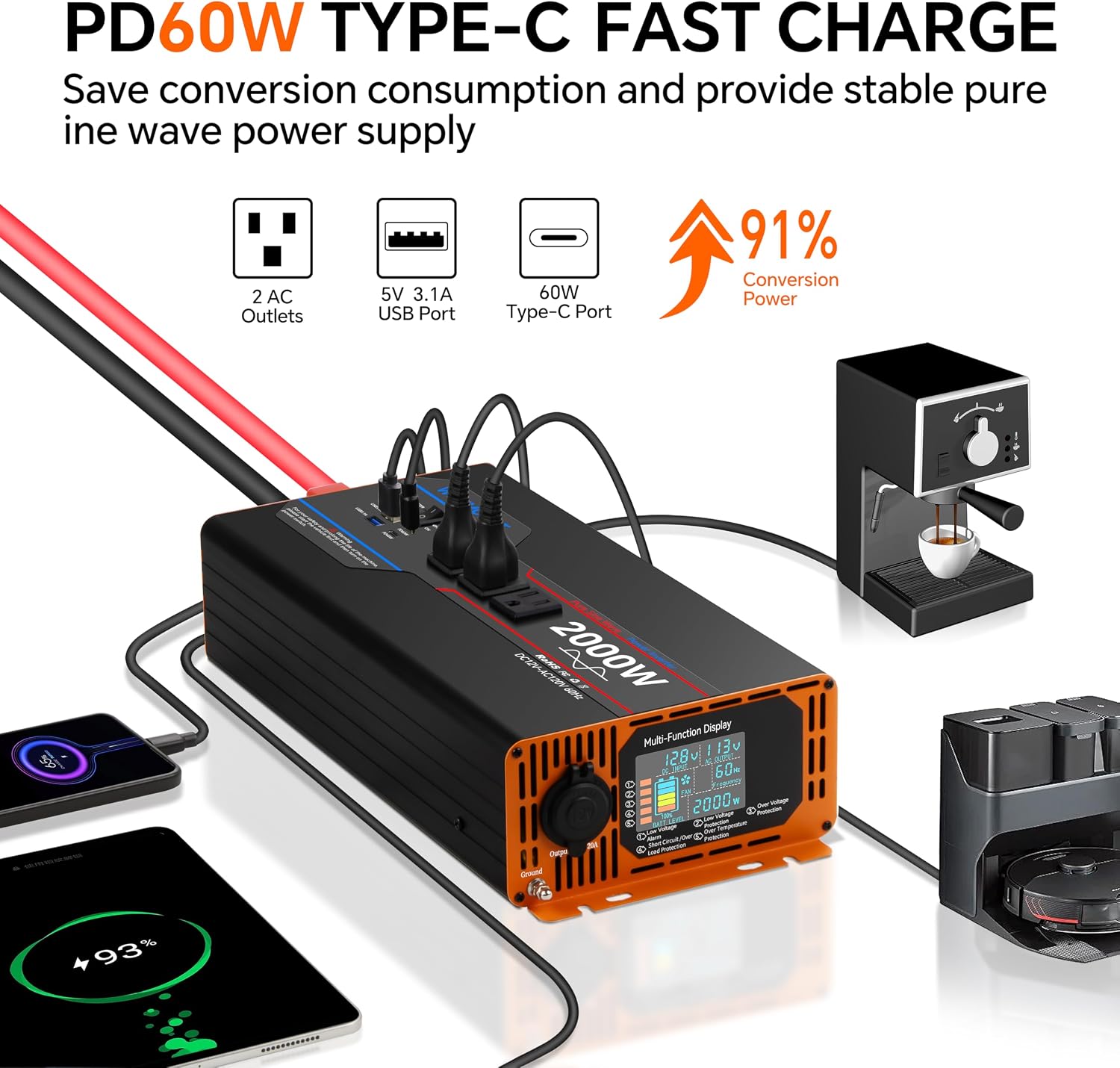 2000W Pure Sine Wave Inverter, Car Power Inverter 12V to 110V 120V, DC to AC Converter Generator with AC Outlets 3.0A USB Type-C, Remote Controller LCD Display Truck Inversor for Vehicles, RV