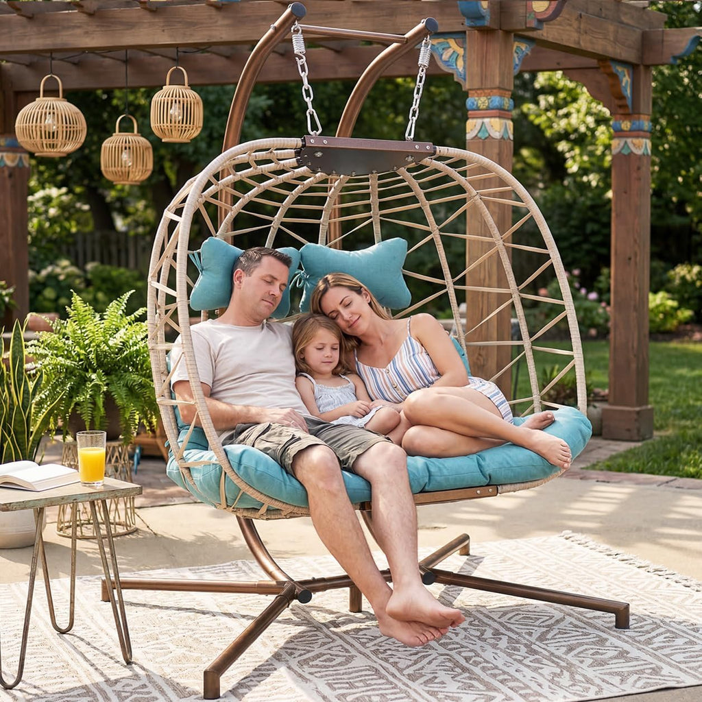 BULEXYARD 2 Seater Patio Egg Chair Swing with Stand and Rain Cover, Extra Large Outdoor Hanging Hammock Loveseat, Oversized Wicker Rattan Chair with Cushion for Balcony Backyard, Light Blue