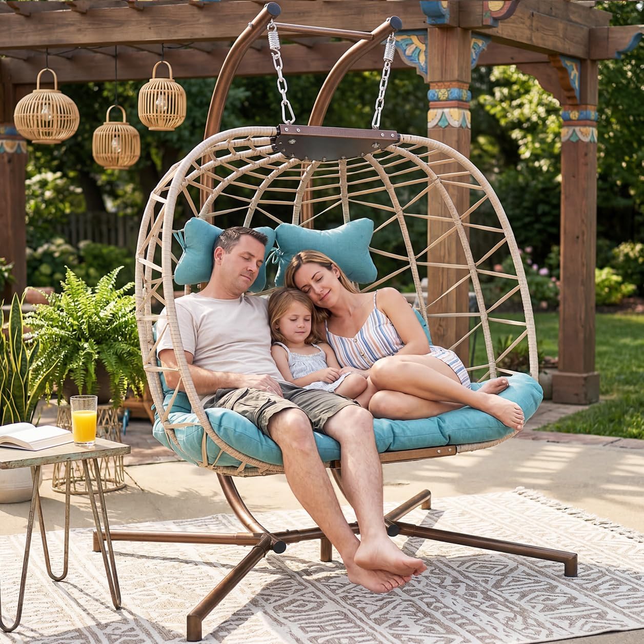 BULEXYARD 2 Seater Patio Egg Chair Swing with Stand and Rain Cover, Extra Large Outdoor Hanging Hammock Loveseat, Oversized Wicker Rattan Chair with Cushion for Balcony Backyard, Light Blue