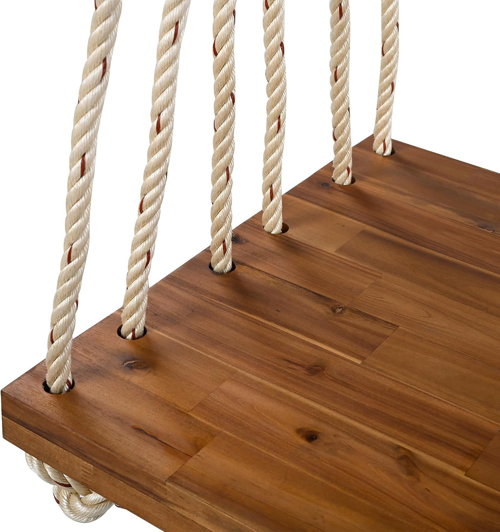 YOPTO Acacia Wood Porch Swing Bench with Cushion & Pillows, 63' Outdoor Hanging Bench for 2 Adults, Rustic Heavy Duty 10.8ft Ropes Swing Daybed for Patio Backyard Garden, White