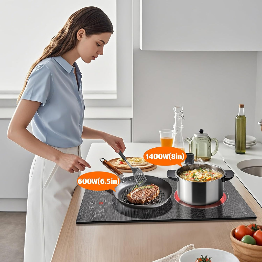 Karinear 2 Burner Electric Cooktop 110V, 12 Inch Countertop & Built-in Electric Stove Top, Plug-in Ceramic Cooktop with Child Safety Lock, Timer, Pause, Smooth Glass Surface with Beautiful Pattern(A)