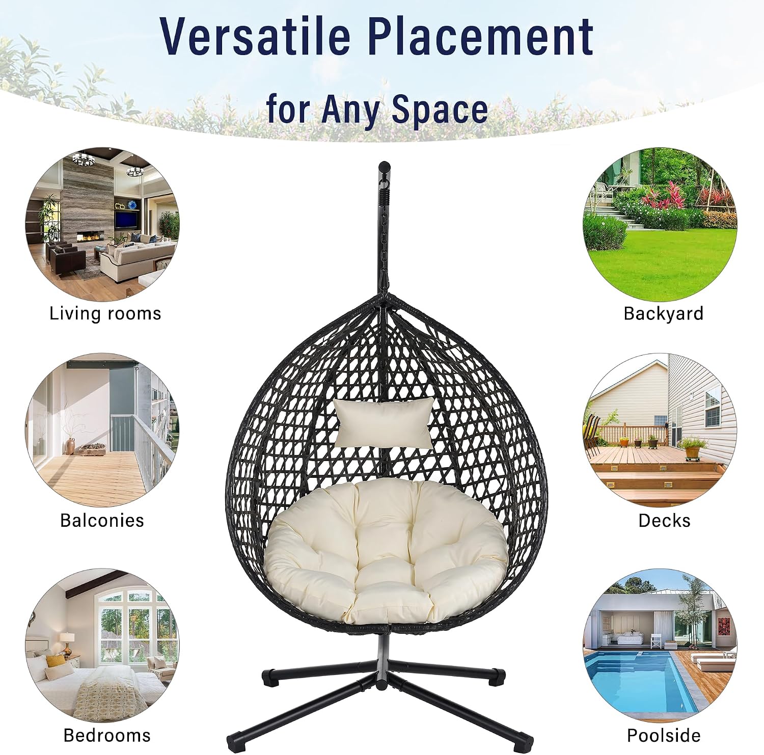 Single Hammock Chair with Stand Durable Hanging Egg Chair with Rattan Weaving, Indoor Outdoor Swing Chairs with Soft Removable Cushion for Balcony, Bedroom, Patio, or Garden, Black+Beige