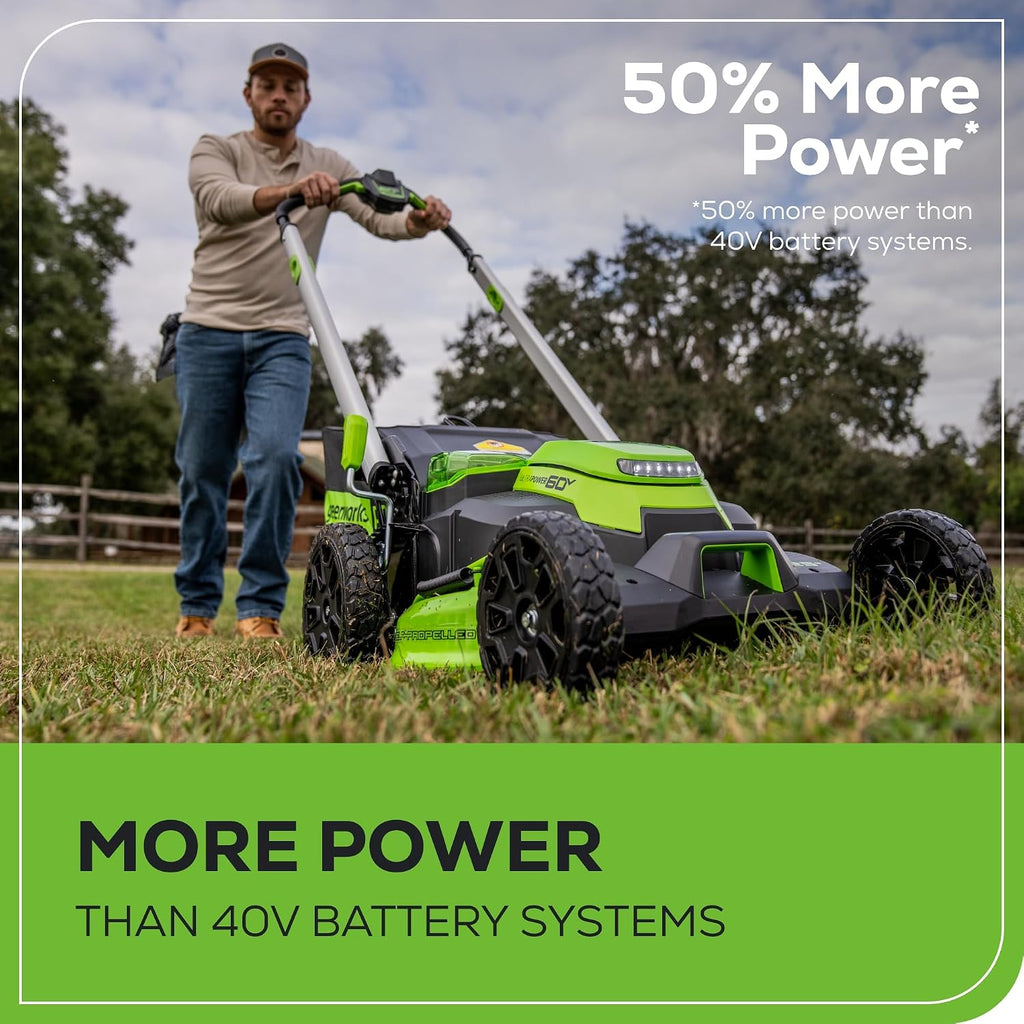 Greenworks 60V 25' Self-Propelled Cordless Lawn Mower – 2 x 4.0Ah Batteries & Fast Charger(75+ Tool Compatibility, 80Min Runtime)