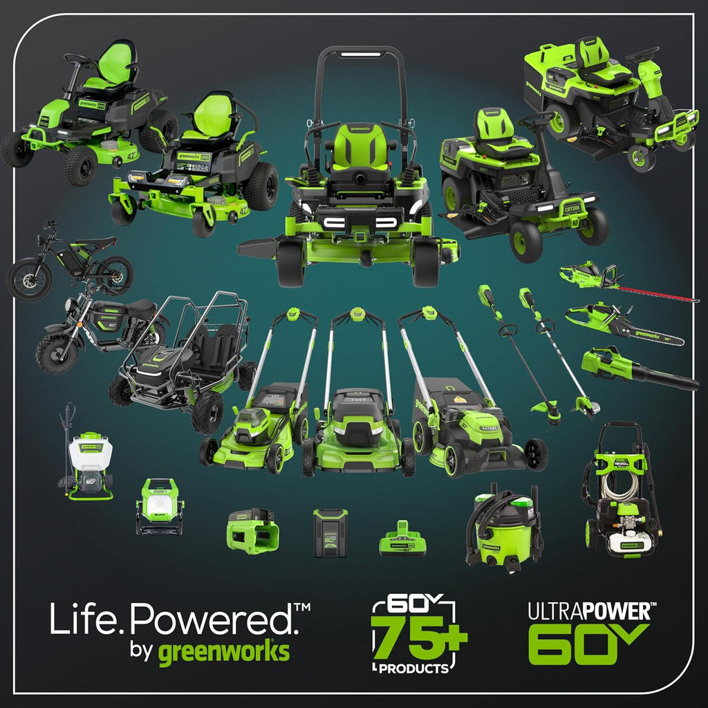 Greenworks 60V 60' Zero Turn, (2) 20.0Ah + (4) 10.0Ah Batteries + Wall Charger