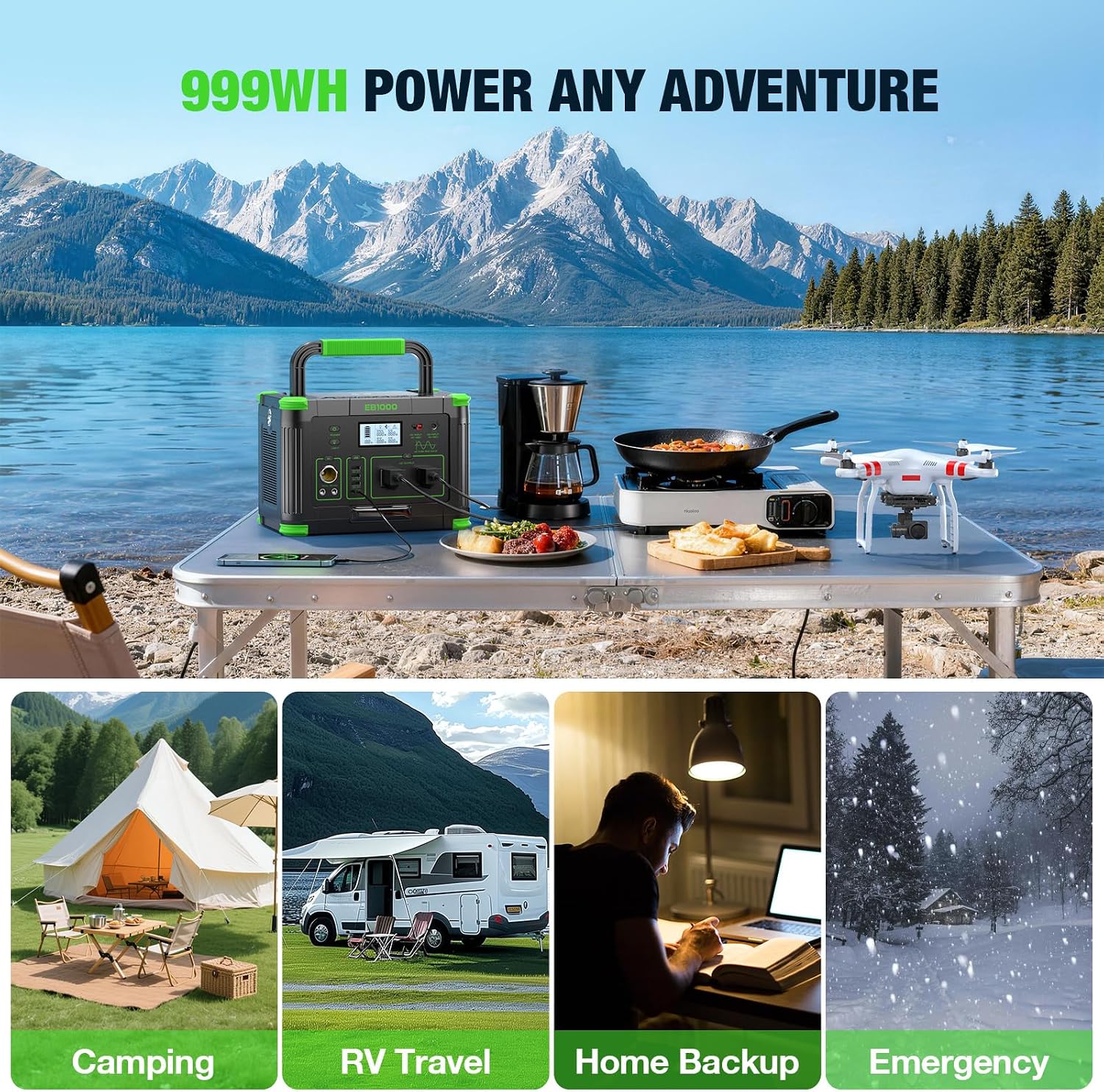 Solar Generator 1000W（2000W Peak）Portable Power Station, 110V Pure Sine Wave AC Outlets, 60W USB-C PD Fast Charging, 10 Ports for RV Trip,Camping,Home Emergency