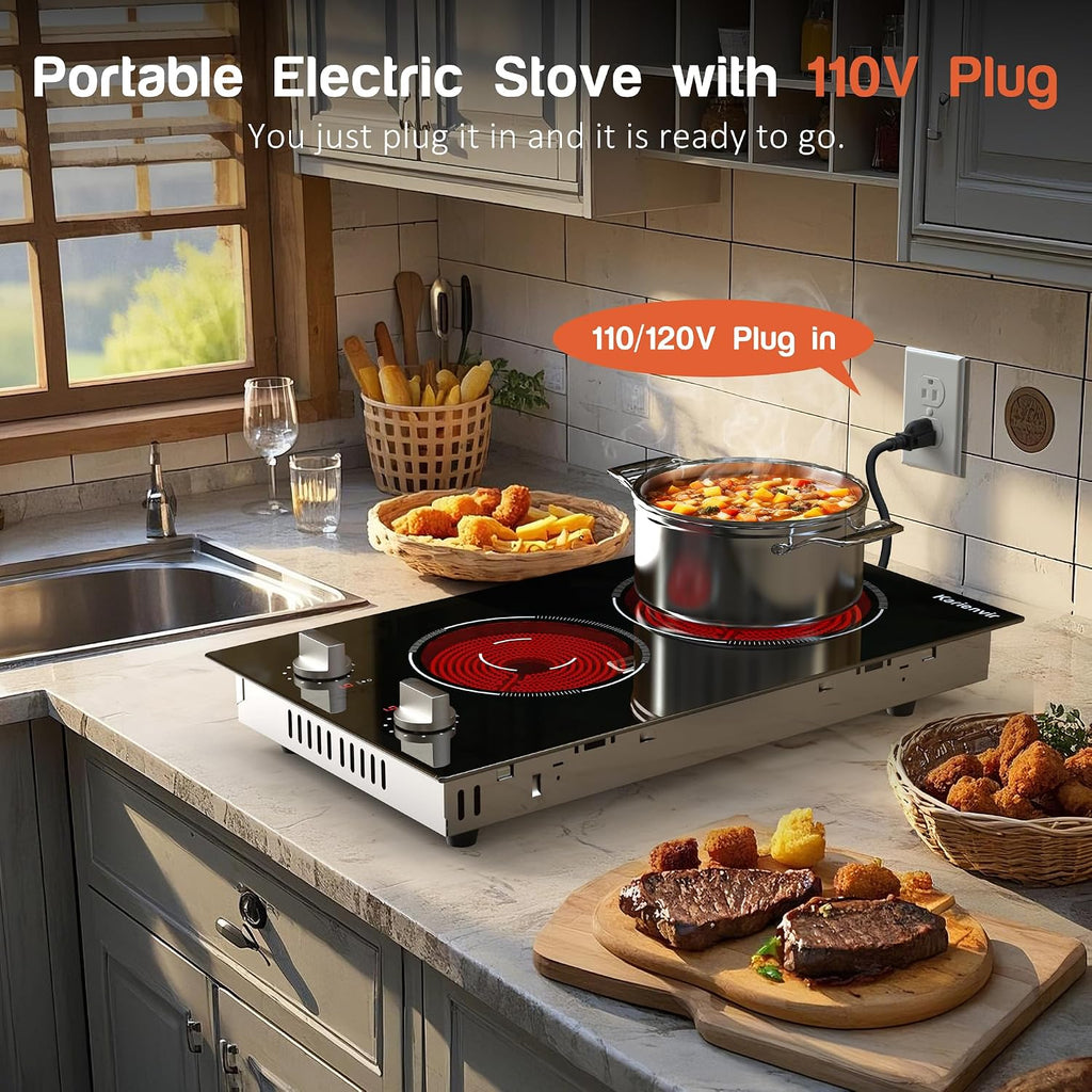 2 Burners Electric Cooktop 2000W, Plug in Electric Stove Top110v, Countertop & Built-in Cook top 12 Inch, 2 Burner Cooktop Knob Control, 9 Power Levels, Grey knob, Karienvir