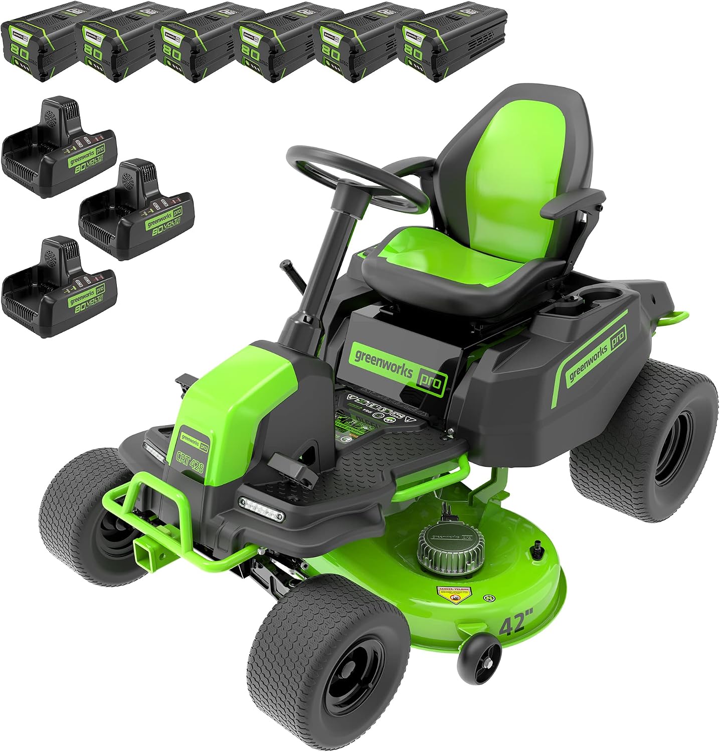 Greenworks PRO 80V 42' Electric Lawn Tractor, Riding Lawn Mower with (6) 5.0Ah Batteries and (3) Dual Port Turbo Chargers Included