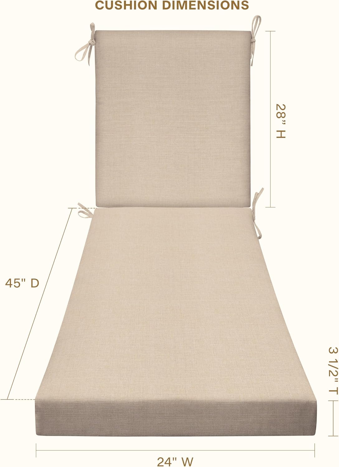 Honeycomb Outdoor Chaise Lounge Cushion for Patio Furniture, Water & Fade Resistant, Removable Cover, 24 x 73, Heritage Textured Solid Almond