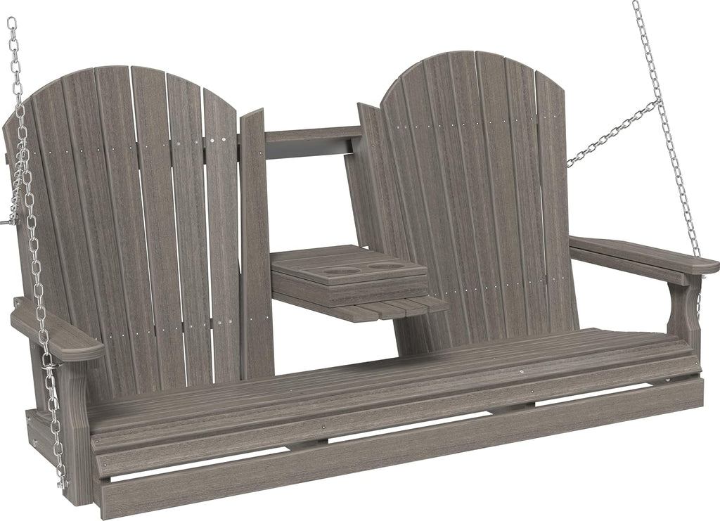 LuxCraft 5' Adirondack Hanging Front Porch Swing with Flip Down Console, Seats Up to 3, Outdoor Patio Swing Bench for Outside (Coastal Gray)