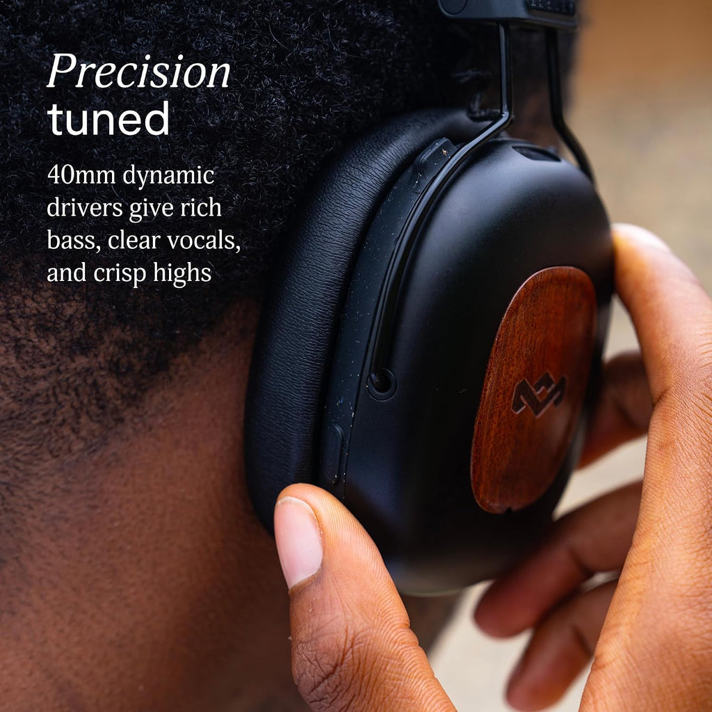 House of Marley Positive Vibration Rebel Wireless ANC Headphones - Over Ear Bluetooth Earphones with Adaptive Noise Cancelling, 130 H Playtime, IPX5, Sustainable Materials (Signature Black)