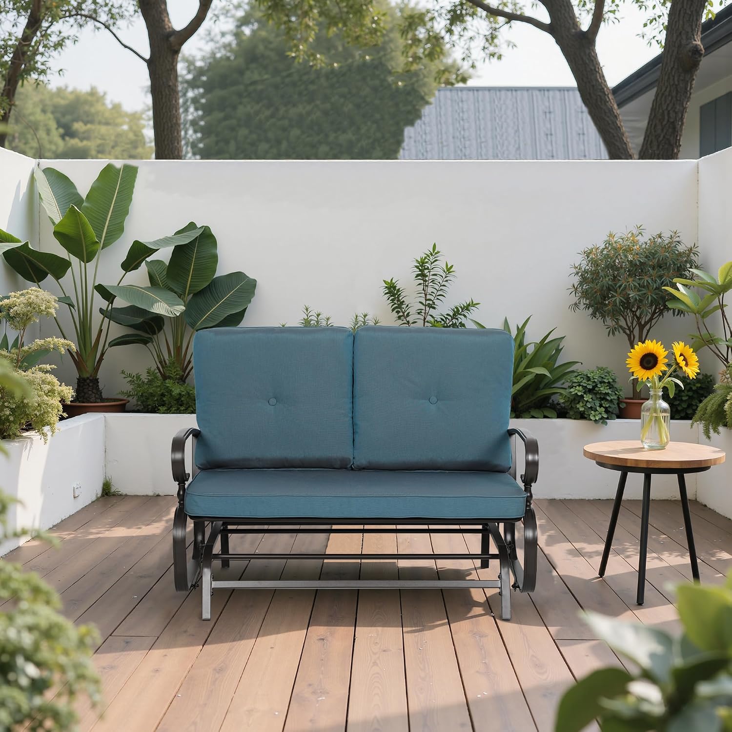 Outdoor Bench Patio Swing Glider Loveseat 2 Seats Rocking Chair, Wrought Iron Gliders for Outside Patio with Cushion (Blue)