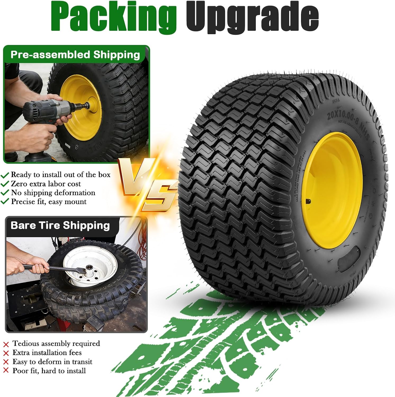 TRIPOWER 20x10.00-8 Lawn Mower Tires with Rims- 20x10x8 Tires and Wheels, 3.5' Offset Hub, 3/4' Borehole, 3/16' Keyway, for Lawn Mower Tractor, 4PR Tubeless, 1190 lbs Capacity, Set of 2