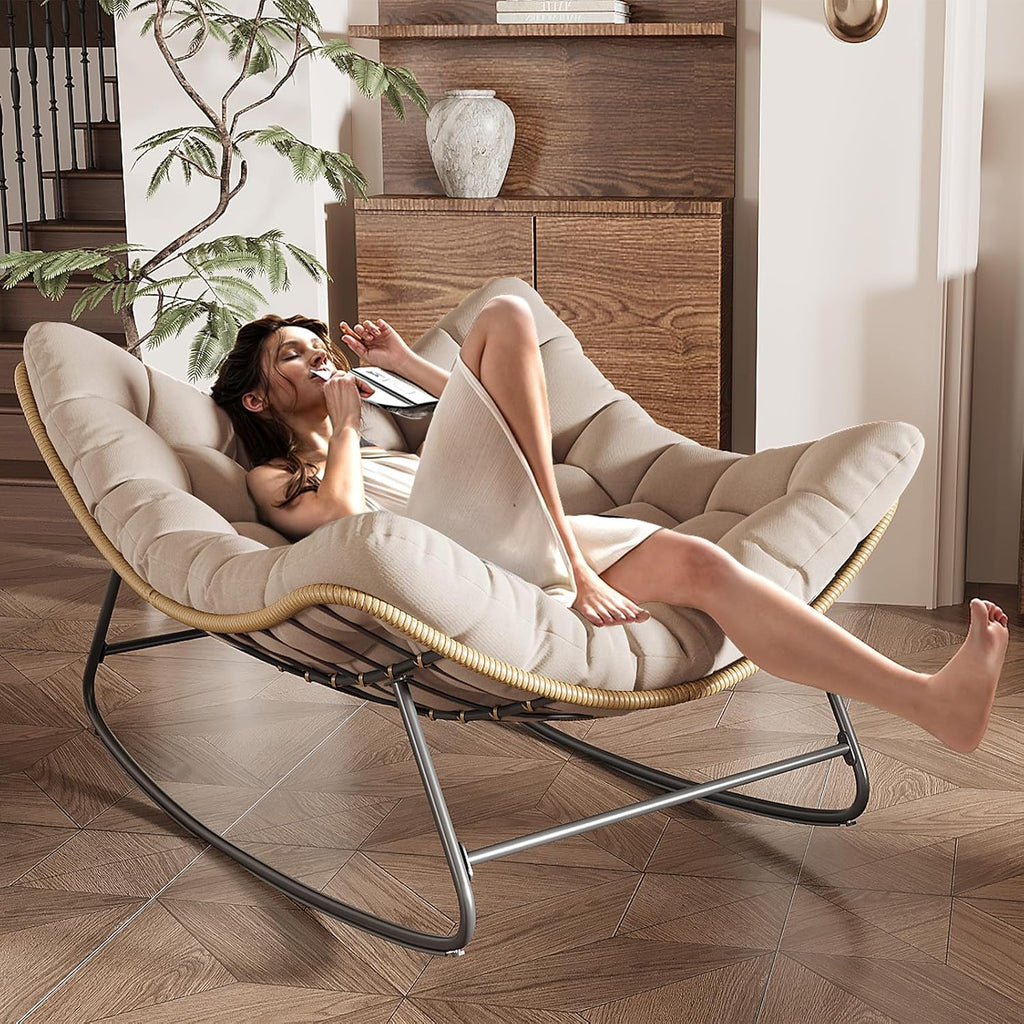 Outdoor Rocking Chair, 2 PCS Indoor Papasan Chairs, Oversized Egg Rocking Chair with Thick Cushion, Rattan Wicker Rocker Lounge Chair for Bedroom, Living Room, Patio, Garden, Porch (Beige)
