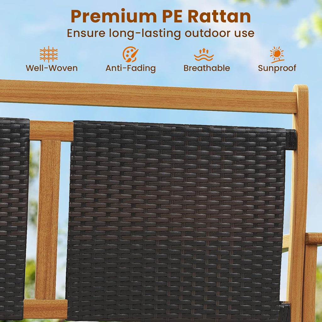 Tangkula Patio Rattan Glider Bench, Swing Gliding Rocker w/Acacia Wood Frame & Wicker Seat Back, Outdoor Rocking Armchair w/Curved Armrests for Porch, Backyard, Poolside (2 Seat)