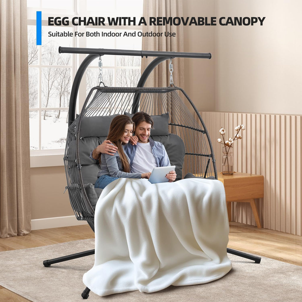 YOLENY Oversized Hanging Swing Chair with Adjustable Canopy, Double Egg Chair, Hammock Chair with Cushion Basket Hammock Nest Chair, Swinging Loveseat for Outdoor Patio, Balcony, Garden